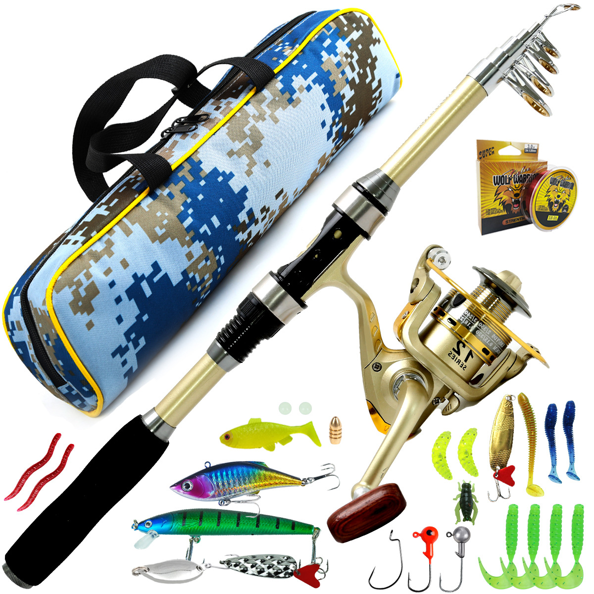 金色路亚竿轮渔具套装远投海钓库钓鱼竿米诺全套软饵鱼钩线