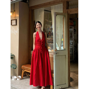 法式 高级感收腰显瘦a字裙 复古港风红色无袖 v领挂脖露肩连衣裙夏季