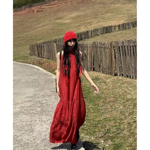 挂脖宽松连衣裙夏季 适合去泰国旅游穿搭复古酒红色无袖 海边度假风