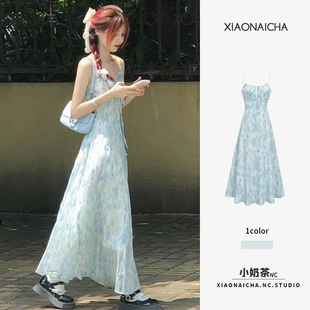 长裙子 法式 甜美蓝色碎花吊带连衣裙女夏季 新款 小个子收腰显瘦无袖