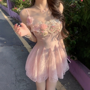 甜美纯欲立体花朵网纱吊带连衣裙2025春夏新款 法式 收腰显瘦仙女裙