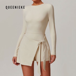 假两件防走光紧身弹力运动连衣裙性感开叉绑带U型美背网球裙长袖