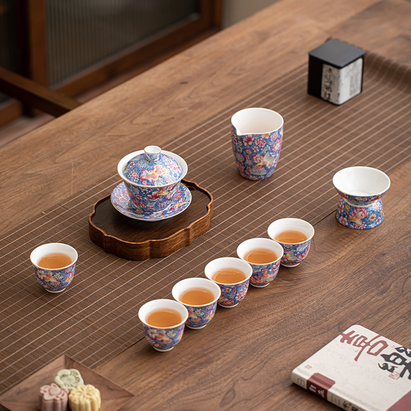 珐琅彩百花齐放功夫茶具套装轻奢高级泡茶工具新款陶瓷盖碗泡茶器