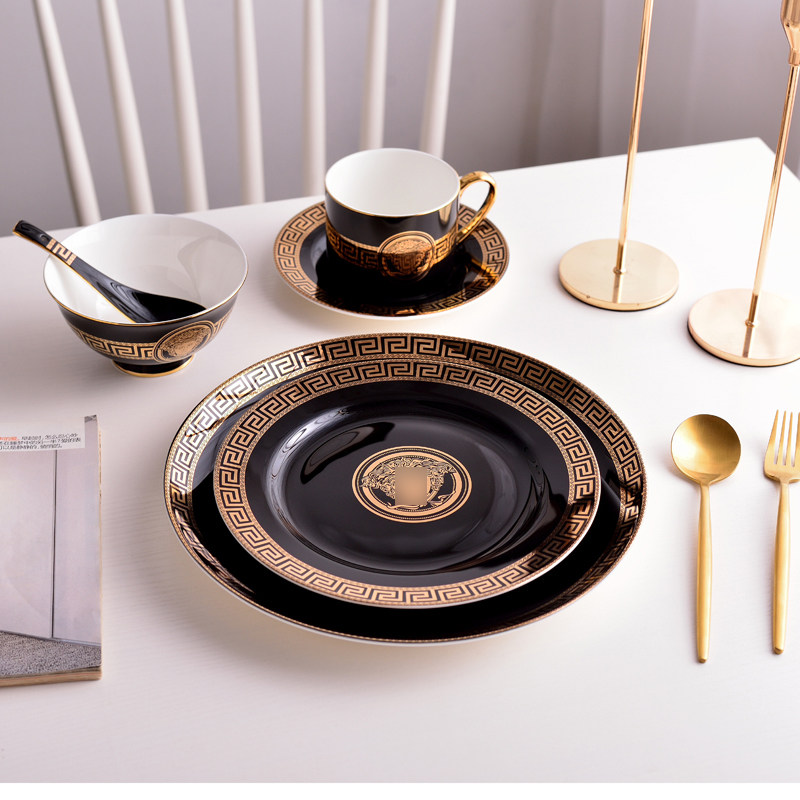 黑釉金欧式金人头骨瓷平盘鱼盘点心盘餐具西餐具盘子碗勺咖啡杯
