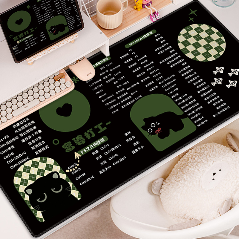 复古黑猫快捷键鼠标垫超大打工人