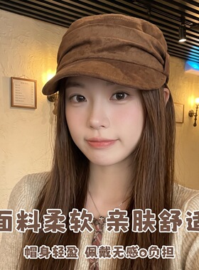 简约褶皱麂皮绒贝雷帽女秋冬复古韩系平顶马术帽大头围显脸小帽子