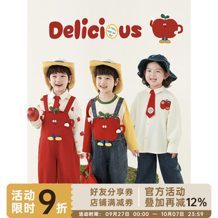 長袖 新款 男童春季 潮 背帶褲 蘋果達人系列套裝 圓領T恤翻領襯衫 幼悠