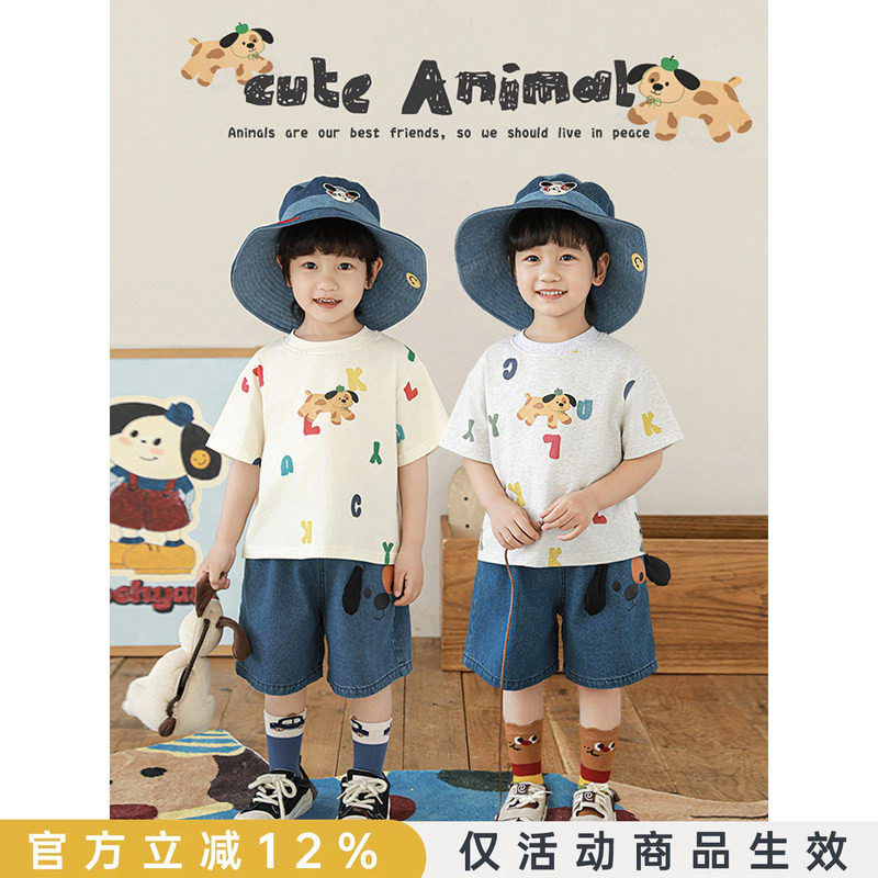 幼悠男童2026夏季新款短袖圆领卡通T恤轻薄宽松阔腿牛仔短裤套装图片