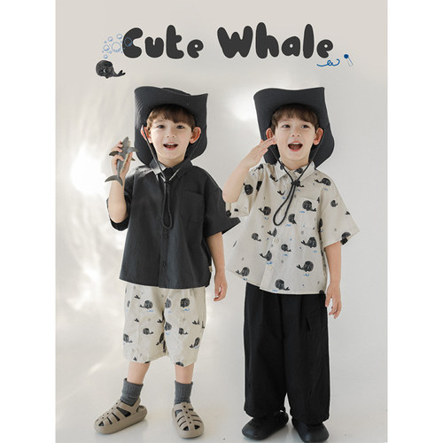 幼悠男童2026新款宽松半袖翻领鲸鱼衬衫夏季柔软亲肤阔腿五分裤潮