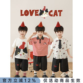 男童夏季 猫咪系列套装 新款 宽松短裤 潮 条纹polo领t恤翻领衬衫 幼悠