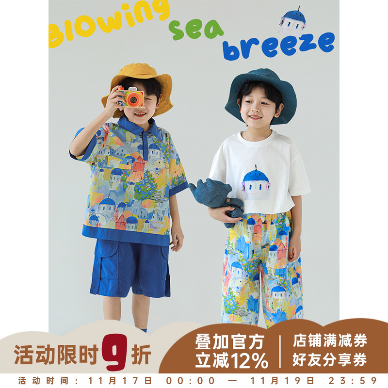 幼悠男童夏季新款油画衬衫白色短袖t恤宽松工装短裤度假系列套装