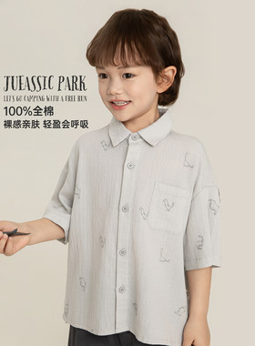 幼悠男童恐龙刺绣衬衫夏季儿童轻薄透气吸湿排汗前短后长短袖上衣