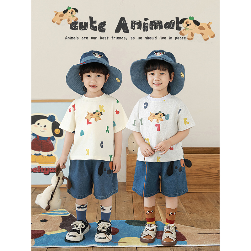 幼悠男童2025夏季新款短袖圆领卡通T恤轻薄宽松阔腿牛仔短裤套装