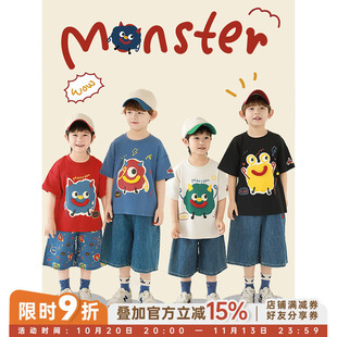 幼悠男童套装2026新款夏季卡通圆领短袖T恤宽松直筒儿童牛仔短裤