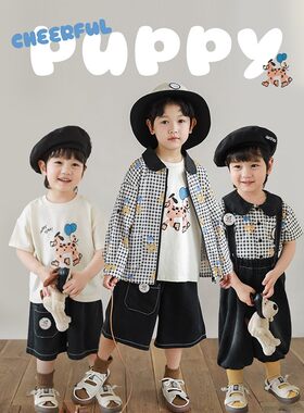 幼悠男童2025短袖t恤轻薄防晒衣阔腿背带裤欢乐狗狗黑色系列套装