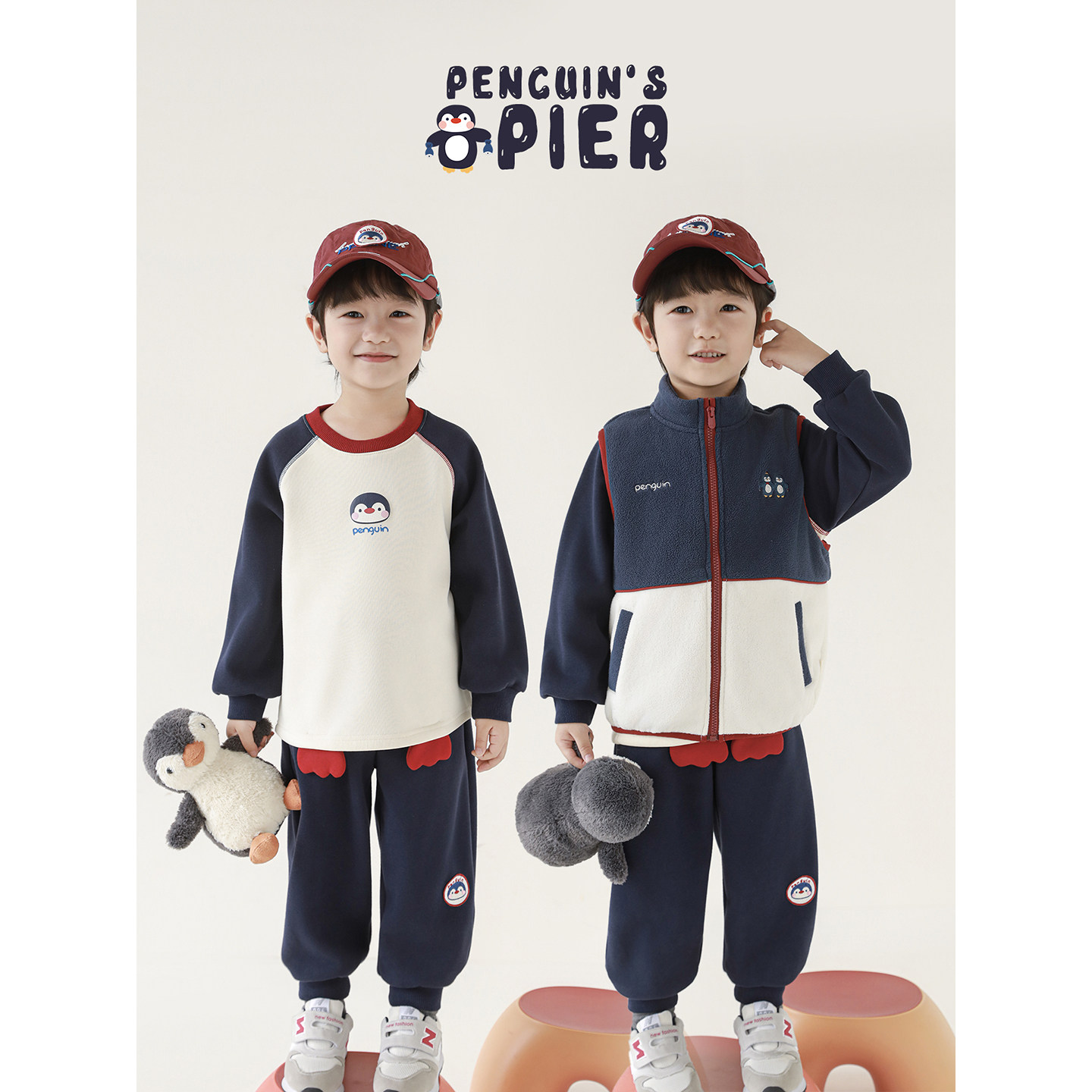 幼悠男童2025冬季新款加绒加厚保暖卫衣无袖马甲束脚长裤企鹅套装