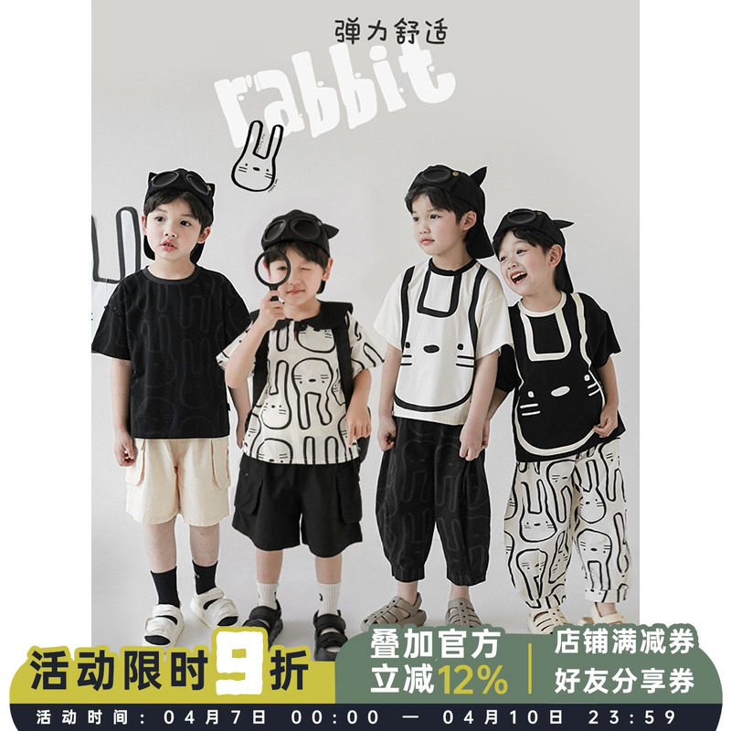 幼悠 儿童兔子印花娃娃翻领T恤夏季薄款男童休闲短袖裤子套装夏装
