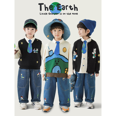 幼悠男童2025秋季新款小熊长袖衬衫无袖叠穿马甲保暖毛衣开衫套装