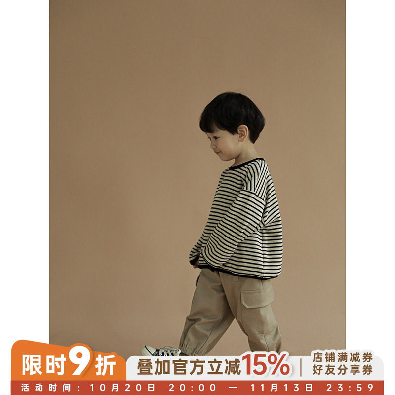 幼悠 儿童长袖T恤春秋新款上衣洋气条纹圆领打底衫男宝宝宽松T恤