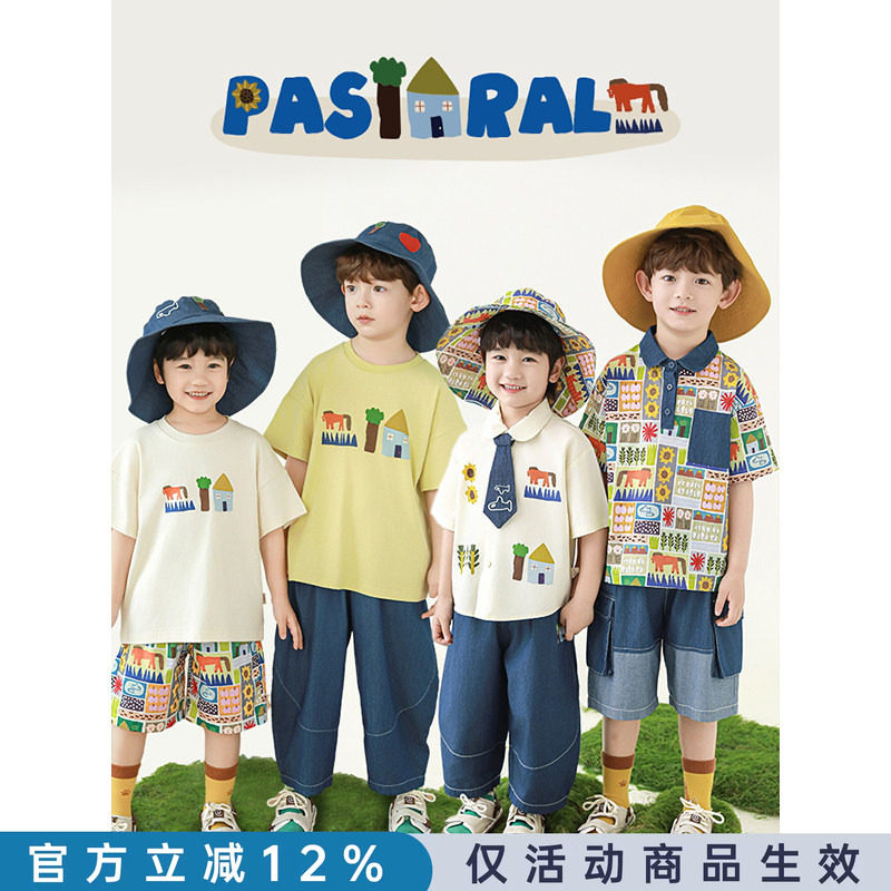 幼悠 男童夏季新款翻领衬衫凉感短袖T恤宽松牛仔裤田园牧歌套装潮图片