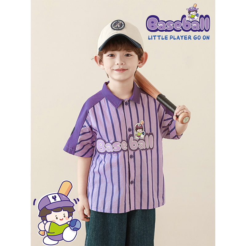 幼悠男童2025夏季新款短袖棒球撞色衬衫简约时尚百搭显瘦儿童上衣