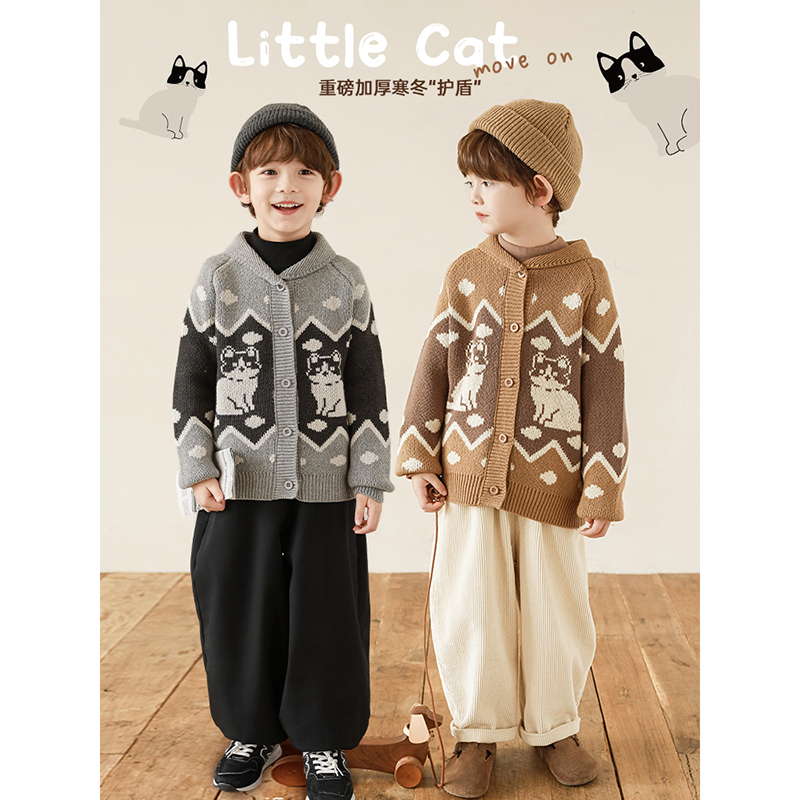 幼悠男童冬季新款卡通小猫复古费尔岛毛衣时尚翻领加厚儿童针织衫