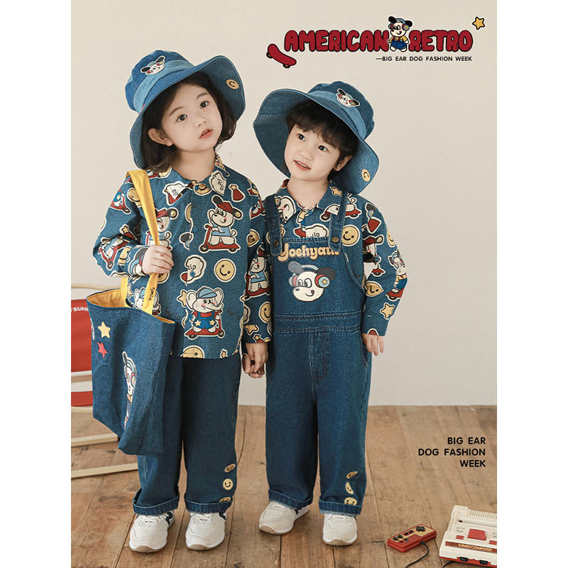 幼悠男童长袖简约翻领衬衫宽松直筒牛仔长裤复古儿童背带裤套装潮