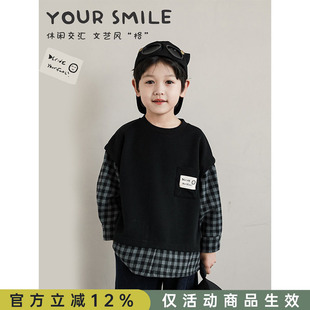 幼悠童装 贴标口袋落肩休闲儿童上衣 男童卫衣格子拼接春秋2026新款