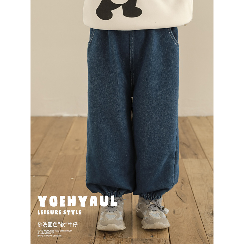 幼悠男童2025新款蓝色束脚防风牛仔裤秋冬款加厚宽松休闲儿童裤子