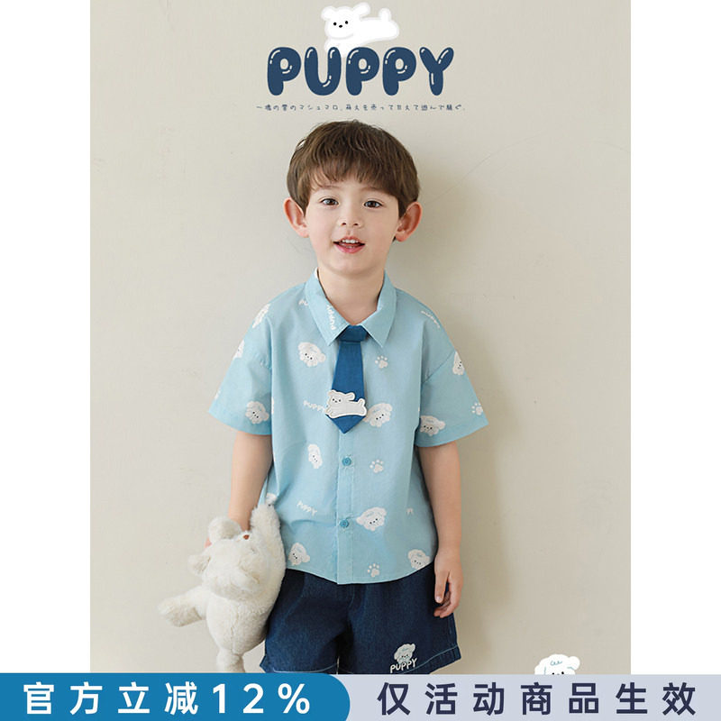 幼悠男童夏季新款卡通纯棉短袖衬衫休闲宽松牛仔短裤儿童潮酷童装图片