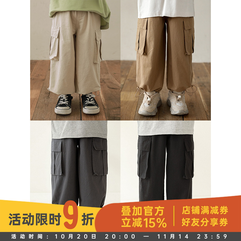 幼悠男童2025新款复古宽松百搭工装裤舒适牛筋腰头翻盖口袋长裤潮