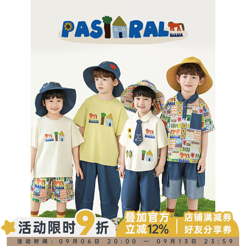幼悠 男童夏季新款翻领衬衫凉感短袖T恤宽松牛仔裤田园牧歌套装潮图片