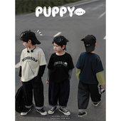 T恤 小熊绣标字母印花男童假两件撞色拼接叠穿长袖 幼悠 春秋新款