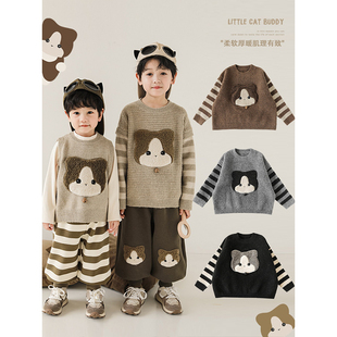 幼悠儿童小猫贴布绣标条纹圆领宽松假两件毛衣冬季男童新款针织衫
