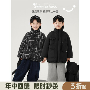 幼悠男童框框印花两面穿帅气立领棉服冬季新款儿童加厚棉衣外套潮