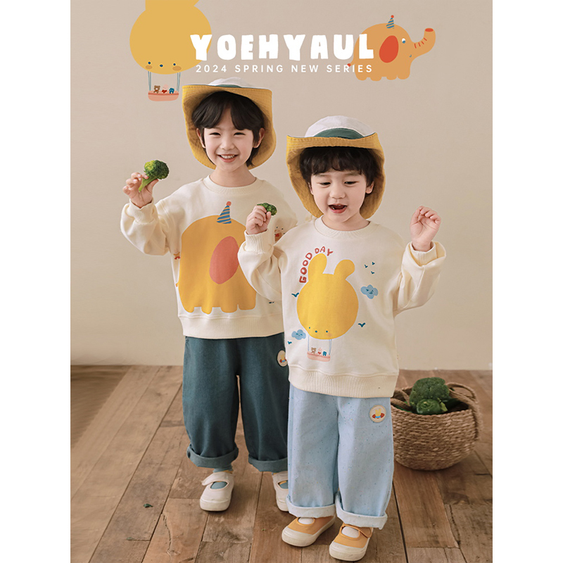 幼悠男童卡通印花罗纹收束圆领宽松卫衣春秋新款儿童落肩休闲上衣