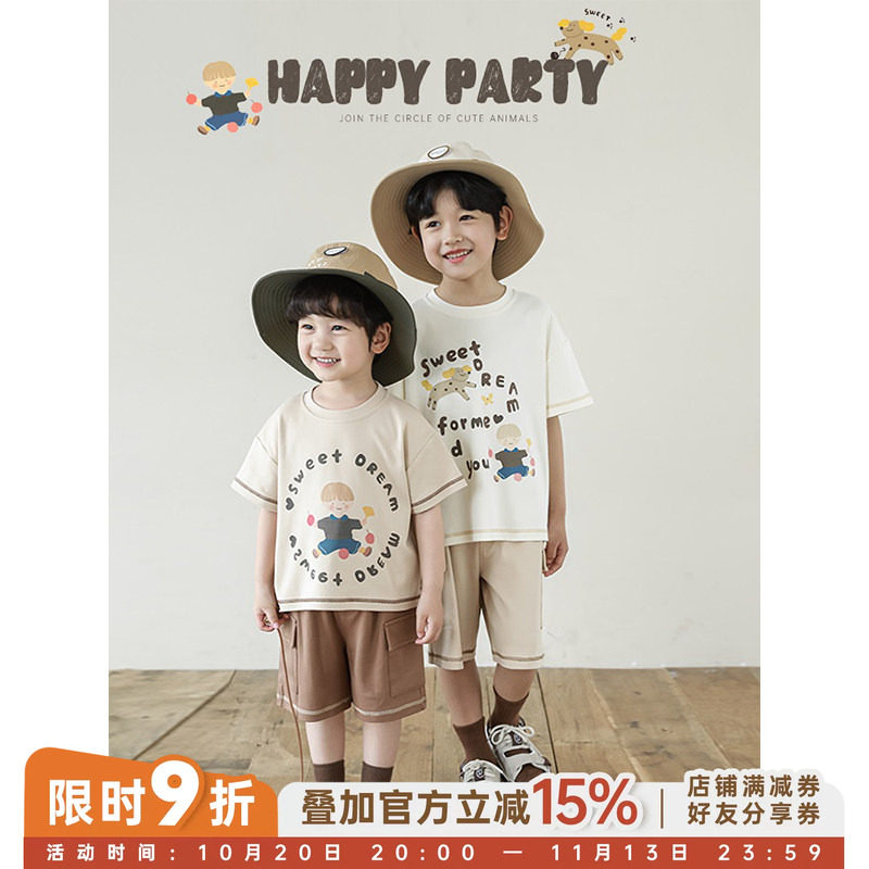 幼悠男童2026新款卡通字母印花短袖t恤夏季爆款宽松休闲工装短裤