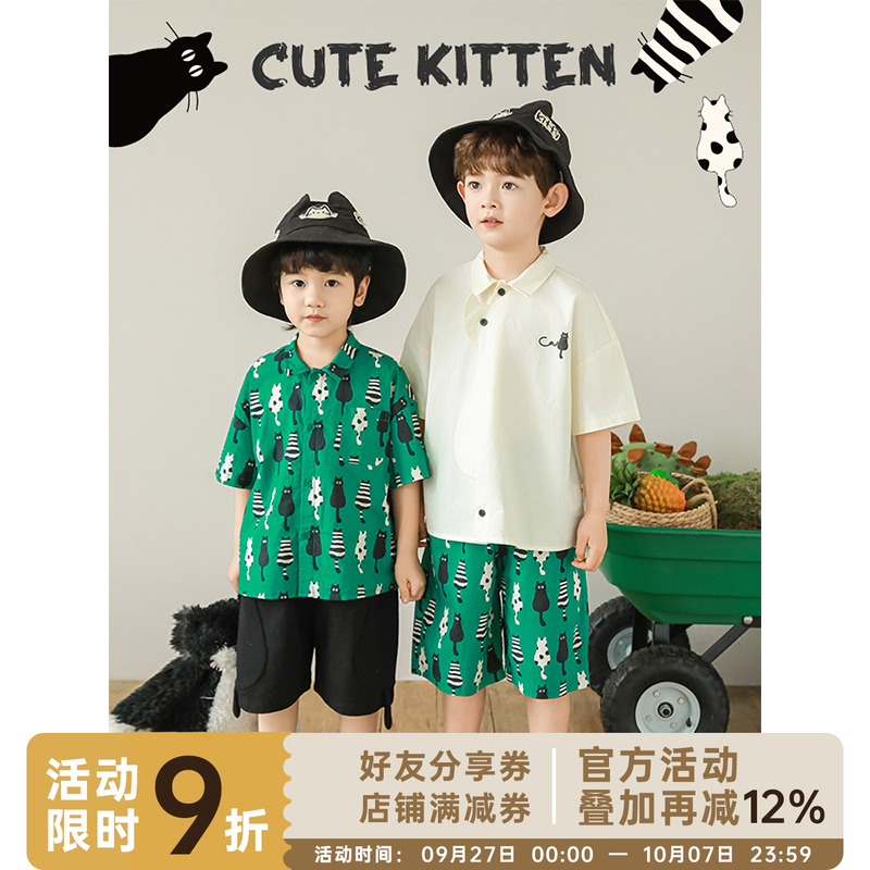 幼悠男童2025夏季新款翻领黑白猫咪衬衫轻薄透气全棉宽松短裤套装