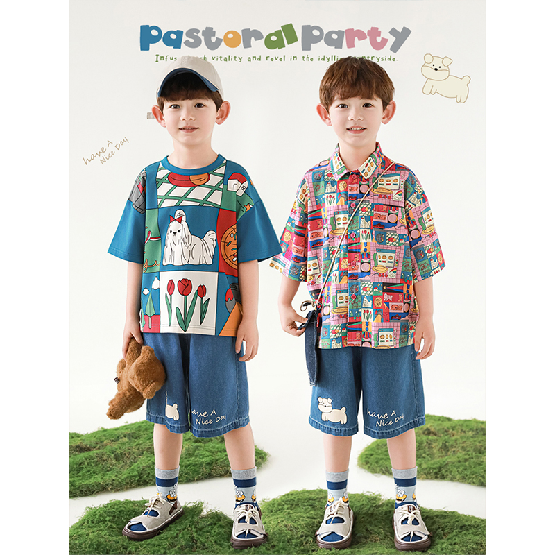 幼悠 男童夏季新款色块拼接翻领衬衫半袖圆领t恤宽松清凉短裤套装