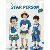 奇喵系列套装 宽松清凉短裤 t恤撞色宽松衬衫 幼悠男童猫咪印花短袖