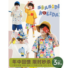 幼悠 男童时尚印花短袖T恤2025新款儿童夏威夷风衬衫短裤休闲套装