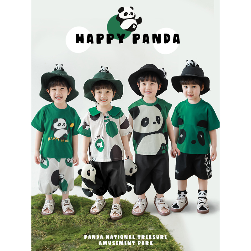 幼悠 男童夏季新款娃娃短袖衬衫t恤轻薄阔腿裤熊猫套装痞帅男童装