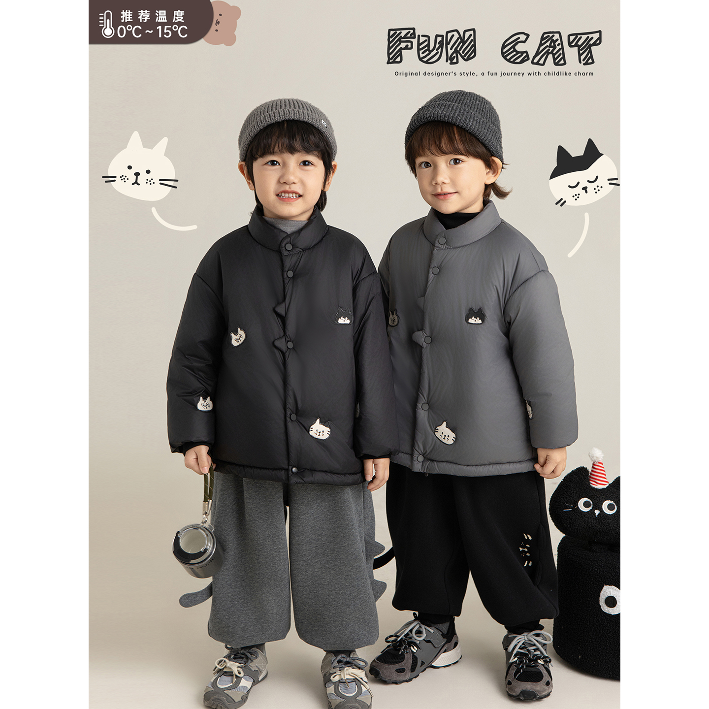 幼悠男童三明治构架棉服冬季童趣可爱猫咪绣标防风保暖休闲外套潮