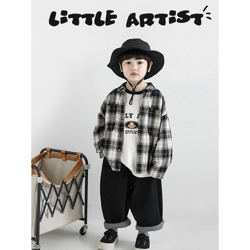 幼悠儿童棋盘格斜边口袋文艺翻领外套男童帅气衬衫2025新款秋装潮