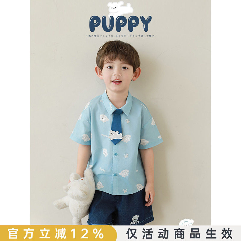 幼悠男童夏季新款卡通纯棉短袖衬衫休闲宽松牛仔短裤儿童潮酷童装图片
