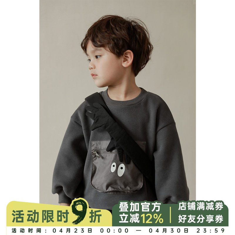 幼悠儿童加绒卫衣口袋洋气男童圆领套头衫冬款小男孩宝宝上衣保暖