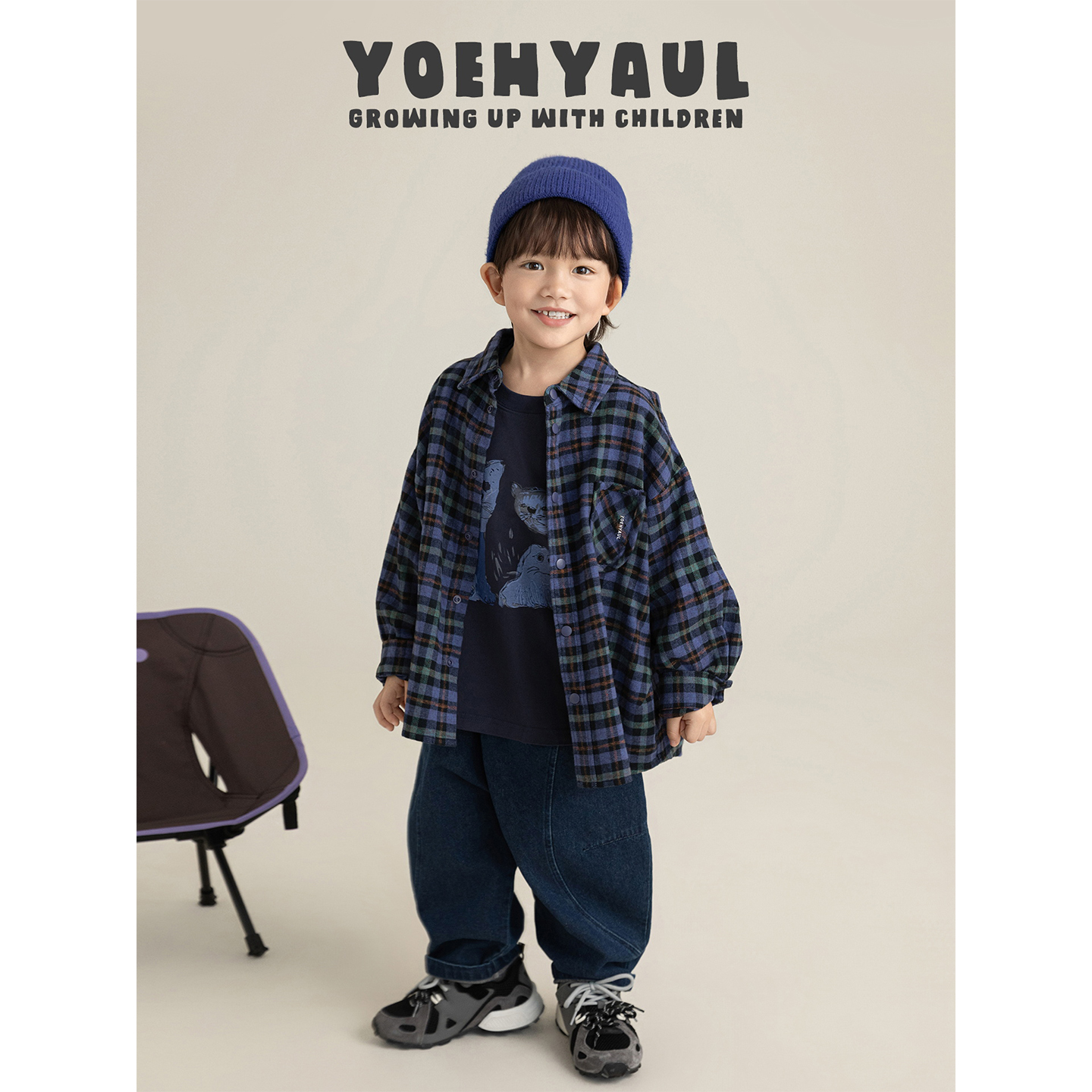 幼悠男童2025秋季新款长袖翻领纯棉格子衬衫时尚百搭儿童潮酷上衣