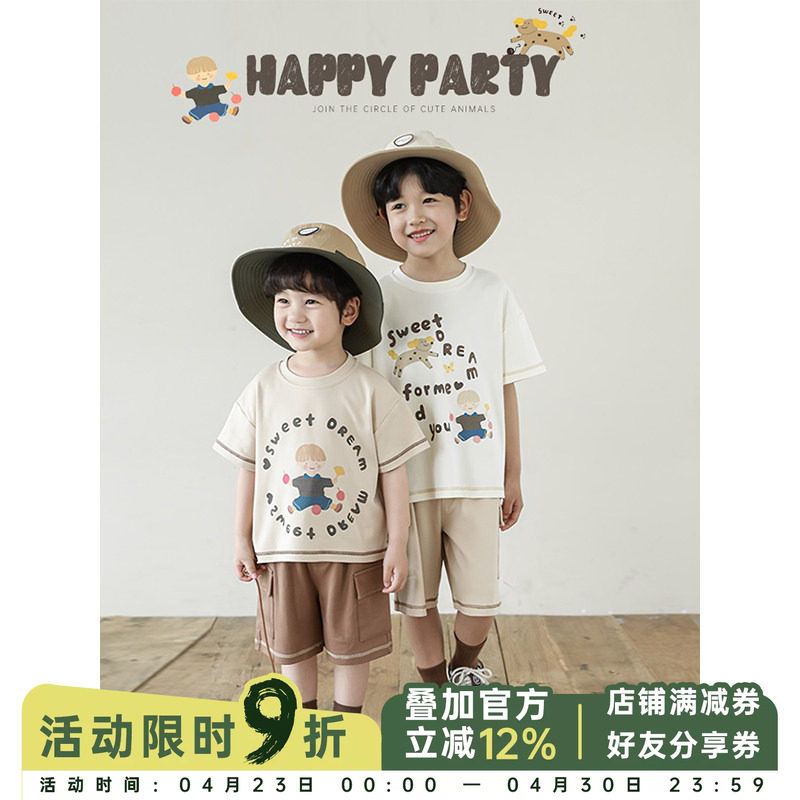 幼悠男童2026新款卡通字母印花短袖t恤夏季爆款宽松休闲工装短裤