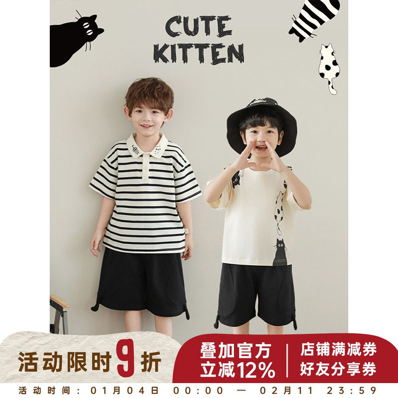 幼悠 男童套装2025夏季新款圆领百搭T恤宽松透气短裤黑白猫咪系列,童装/婴儿装/亲子装,套装,淘宝优惠券,粉丝福利购,淘宝优惠卷