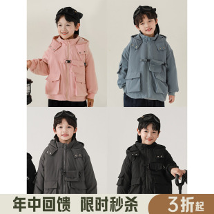 幼悠男童连帽暗扣防风高领棉服冬季新款儿童加厚工装外套宝宝棉衣
